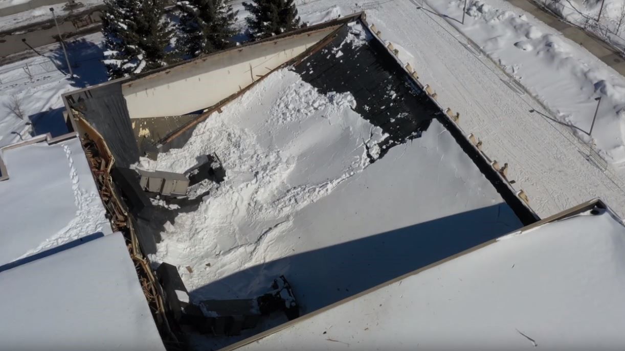 North Gym collapse aerial close-up MSU